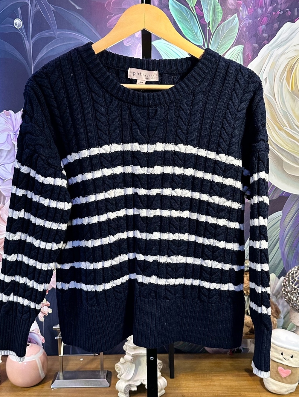 Philosophy M/M Sweater Cable Knit Striped Crew Neck Long Sleeve Navy White Blend